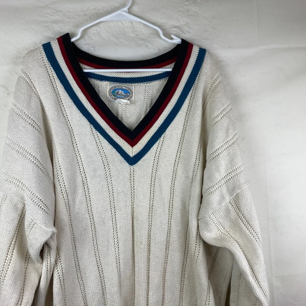Vintage V-Neck Tennis Sweater Mens 3XL Cream‎ USA Cable Knit Striped Preppy